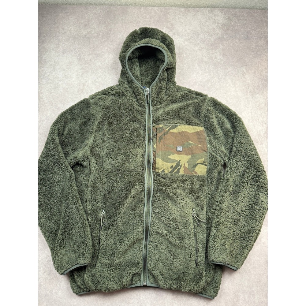 Roark Men M Sherpa Fleece Full Zip Hoodie Olive Green Camo Pocket Jacket Outdoor